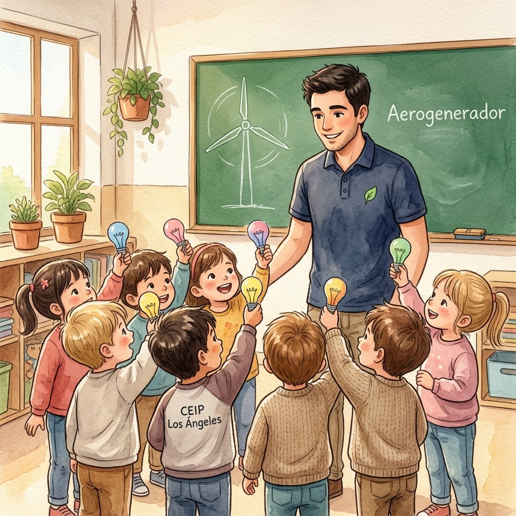 Niños y niñas de educación infantil aprendiendo cómo el viento mueve un aerogenerador